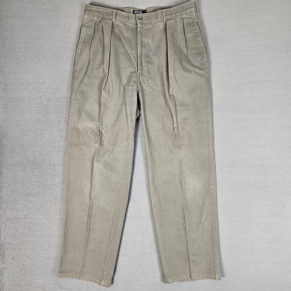 VTG Polo Ralph Lauren Pants Mens 35x32 Double Pleated Chino Twill Gray Olive USA